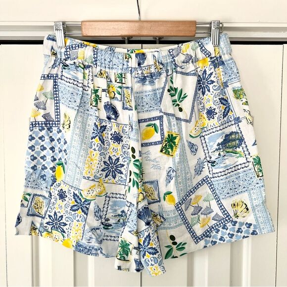 NWT J. Crew  Printed Elastic-back Linen Blend Pleated Shorts in Blue/Green - Picture 7 of 9